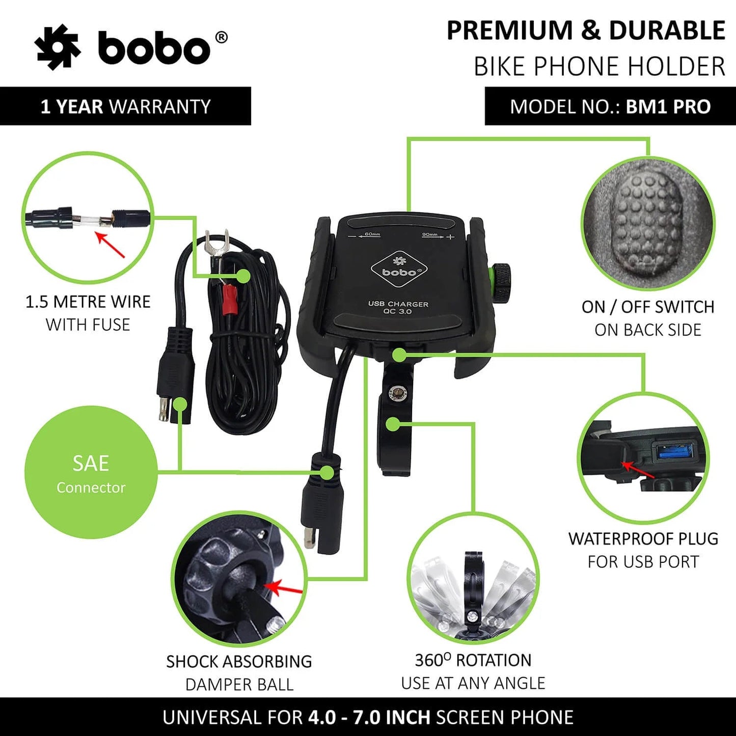 BOBO BM1 PRO Bike Phone Holder with USB 3.0 Charger & SAE Connector