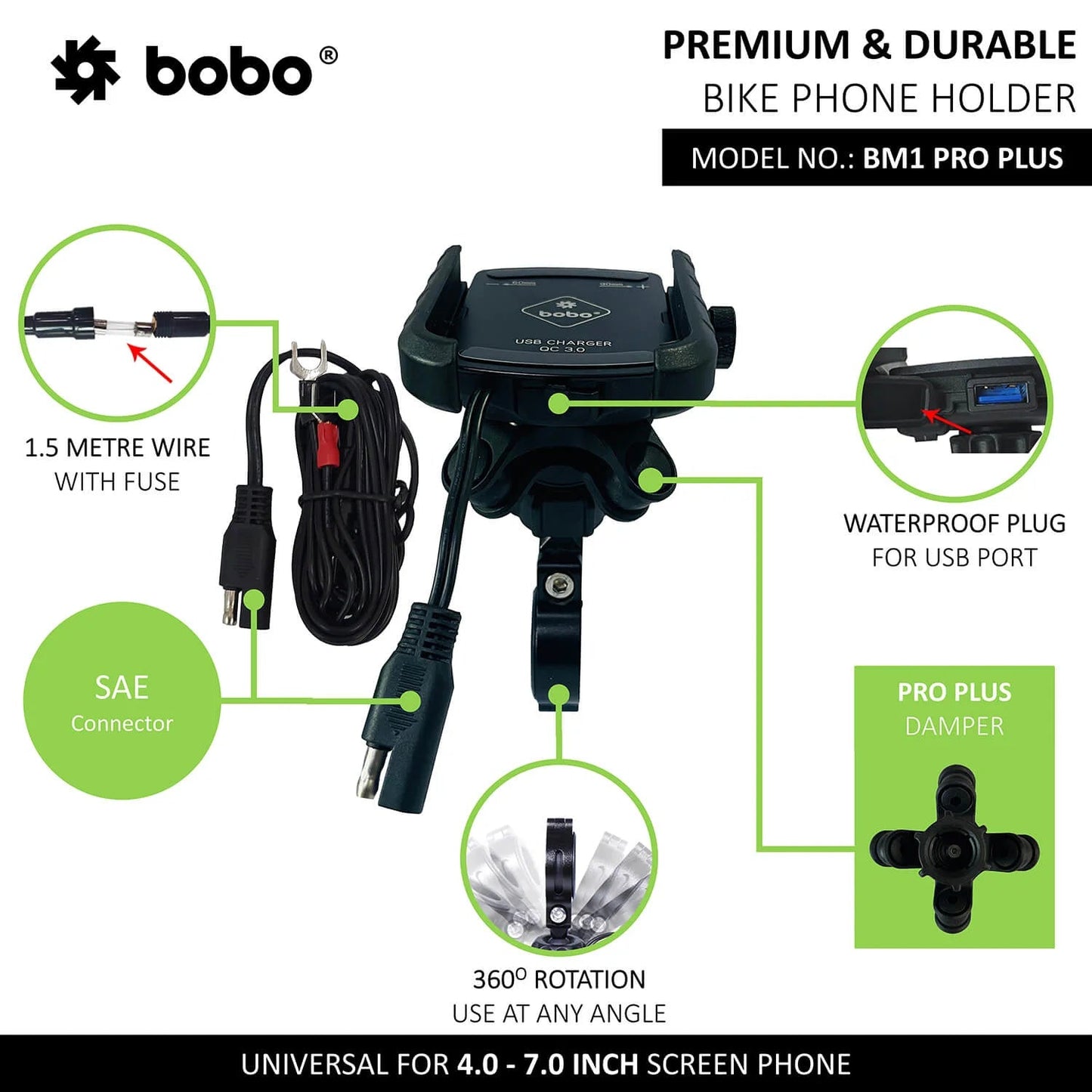 BOBO BM1 PRO PLUS Bike Phone Holder with Vibration Damper & USB 3.0 Charger