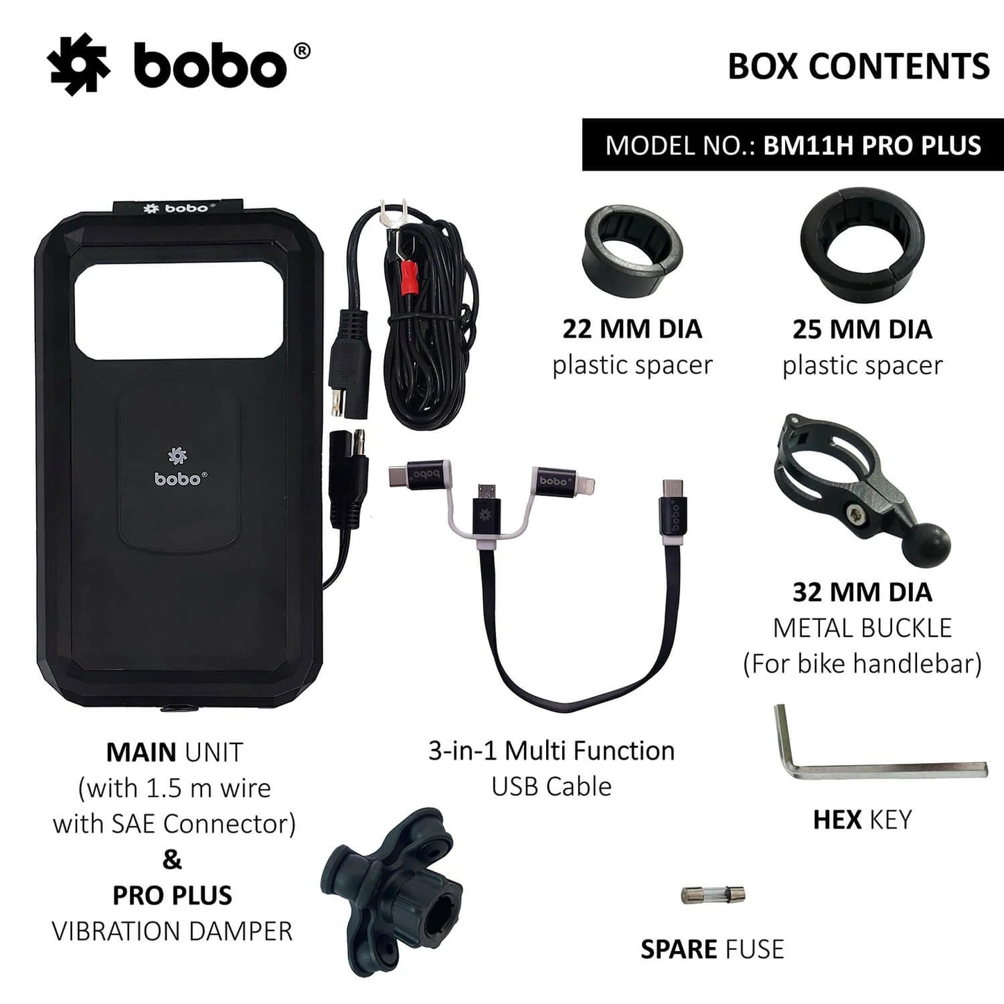 BOBO BM11H/M PRO PLUS Fully Waterproof Bike Phone Holder with PRO PLUS Vibration Damper with Fast 15W Wireless & USB-C Charger