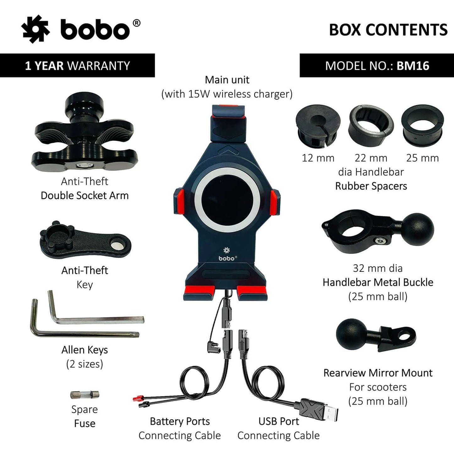 BOBO BM16 Anti-Vibration Metallic Bike Phone Holder with Fast 15W Wireless Charger
