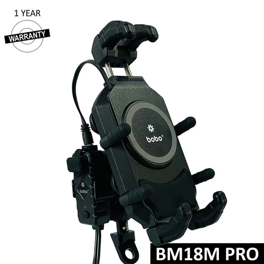 BOBO BM18H/M PRO Anti-Vibration Phone Mount with 15W Wireless Charger & USB-C Charging