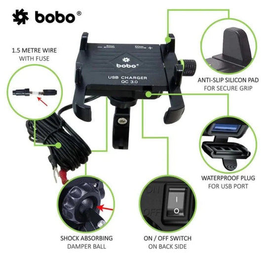 BOBO BM5 Aluminium Bike Phone Holder With Fast USB 3.0 Charger