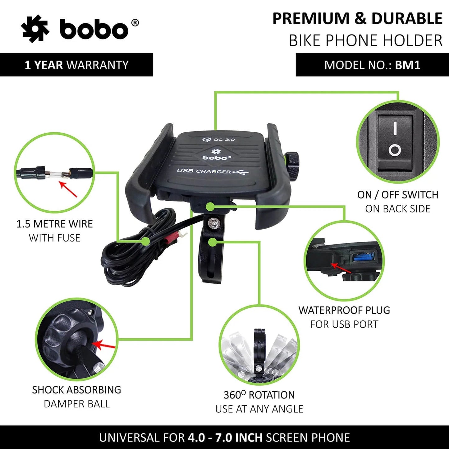 BOBO BM1 Bike Phone Mount with USB 3.0 Fast charger