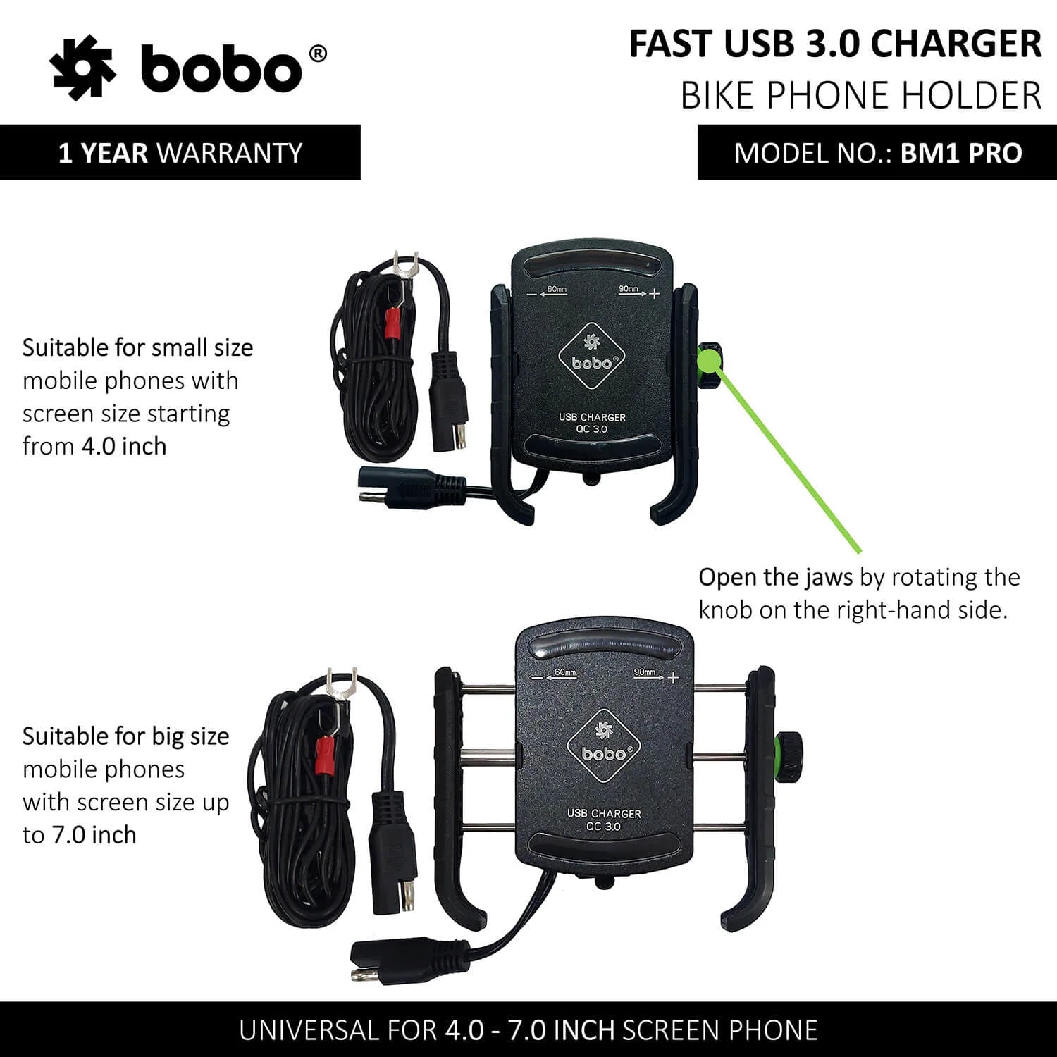 BOBO BM1 PRO Bike Phone Holder with USB 3.0 Charger & SAE Connector