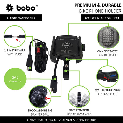 BOBO BM1 PRO Bike Phone Holder with USB 3.0 Charger & SAE Connector