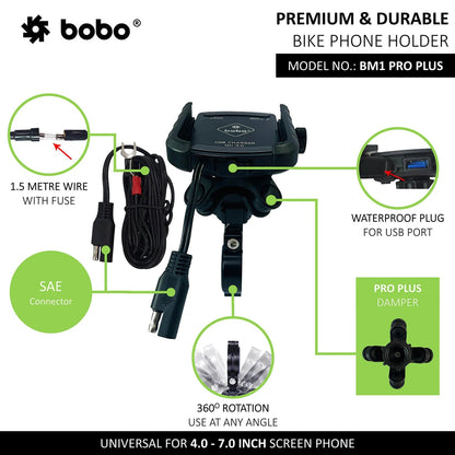 BOBO BM1 PRO PLUS Bike Phone Holder with Vibration Damper & USB 3.0 Charger