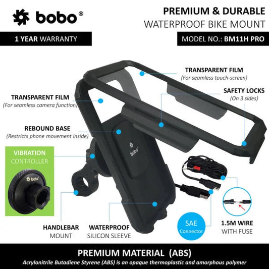 BOBO BM11H PRO Fully Waterproof Bike Phone Holder with Vibration Controller with Fast 15W Wireless & USB-C Charger