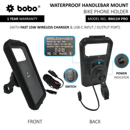 BOBO BM11H PRO Fully Waterproof Bike Phone Holder with Vibration Controller with Fast 15W Wireless & USB-C Charger