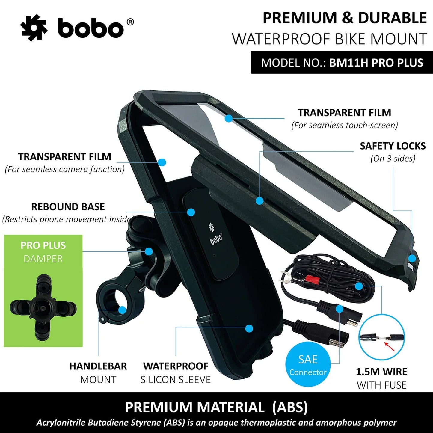 BOBO BM11H/M PRO PLUS Fully Waterproof Bike Phone Holder with PRO PLUS Vibration Damper with Fast 15W Wireless & USB-C Charger