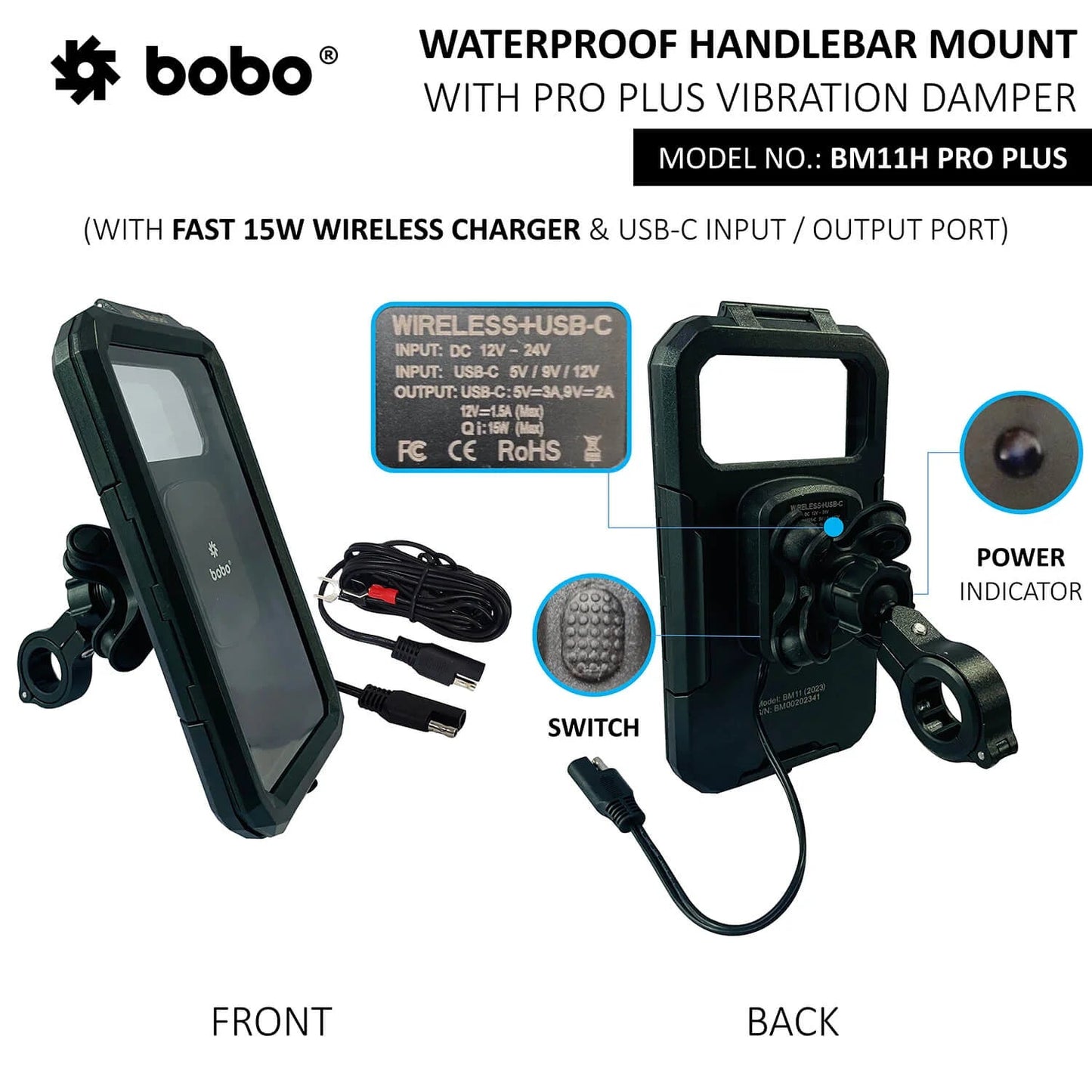 BOBO BM11H/M PRO PLUS Fully Waterproof Bike Phone Holder with PRO PLUS Vibration Damper with Fast 15W Wireless & USB-C Charger