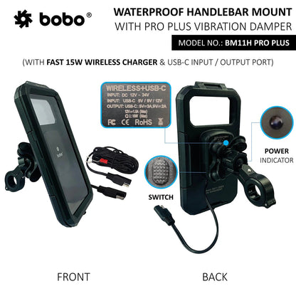 BOBO BM11H/M PRO PLUS Fully Waterproof Bike Phone Holder with PRO PLUS Vibration Damper with Fast 15W Wireless & USB-C Charger