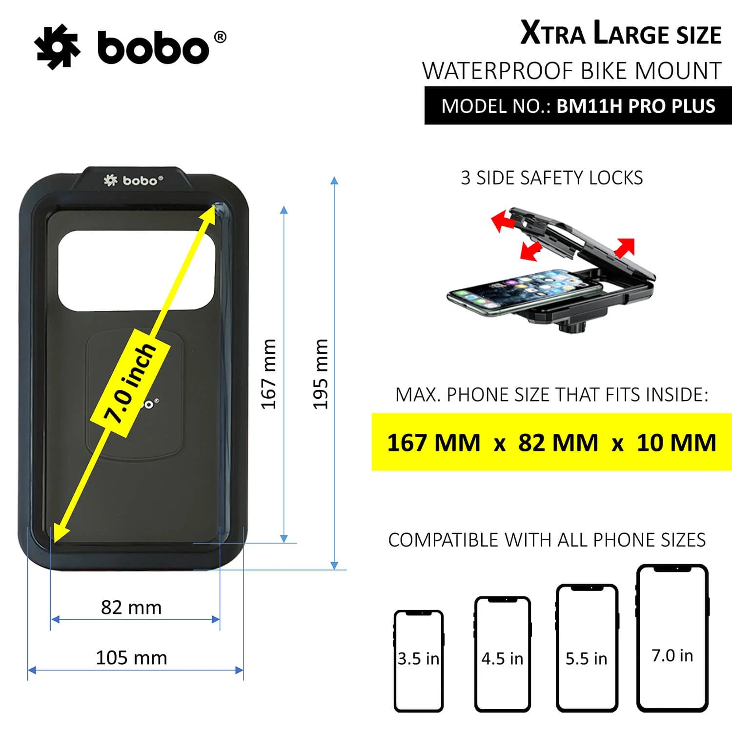 BOBO BM11H/M PRO PLUS Fully Waterproof Bike Phone Holder with PRO PLUS Vibration Damper with Fast 15W Wireless & USB-C Charger