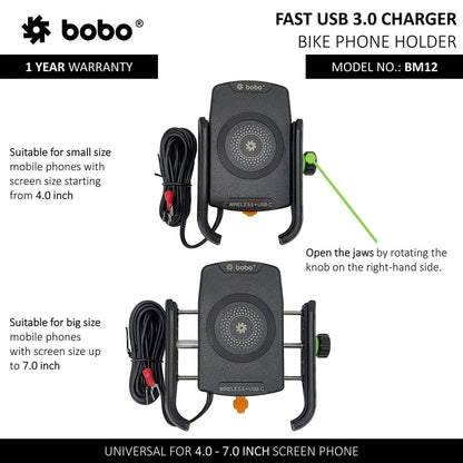 BOBO BM12 Bike Phone Holder with Fast 15W Wireless & USB-C Charger
