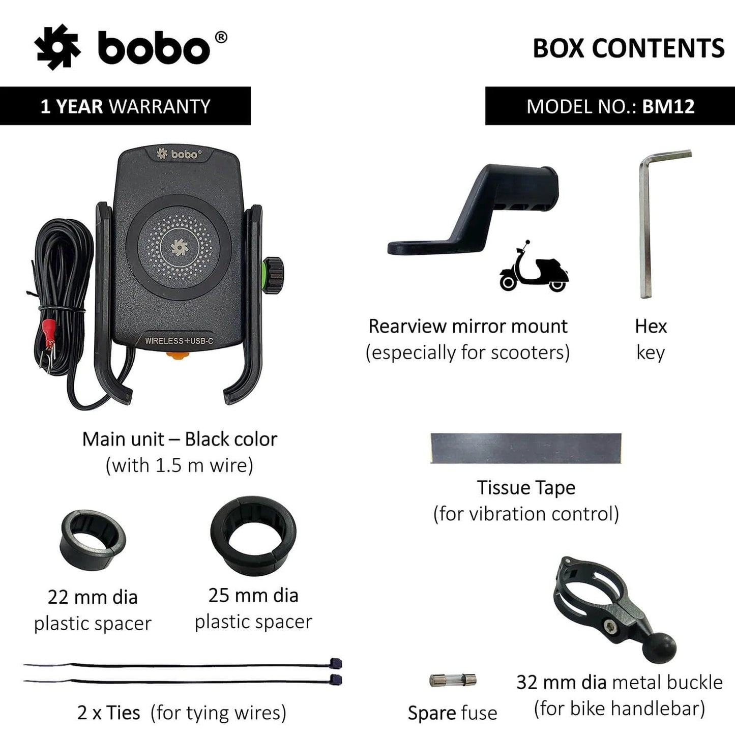 BOBO BM12 Bike Phone Holder with Fast 15W Wireless & USB-C Charger
