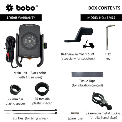 BOBO BM12 Bike Phone Holder with Fast 15W Wireless & USB-C Charger