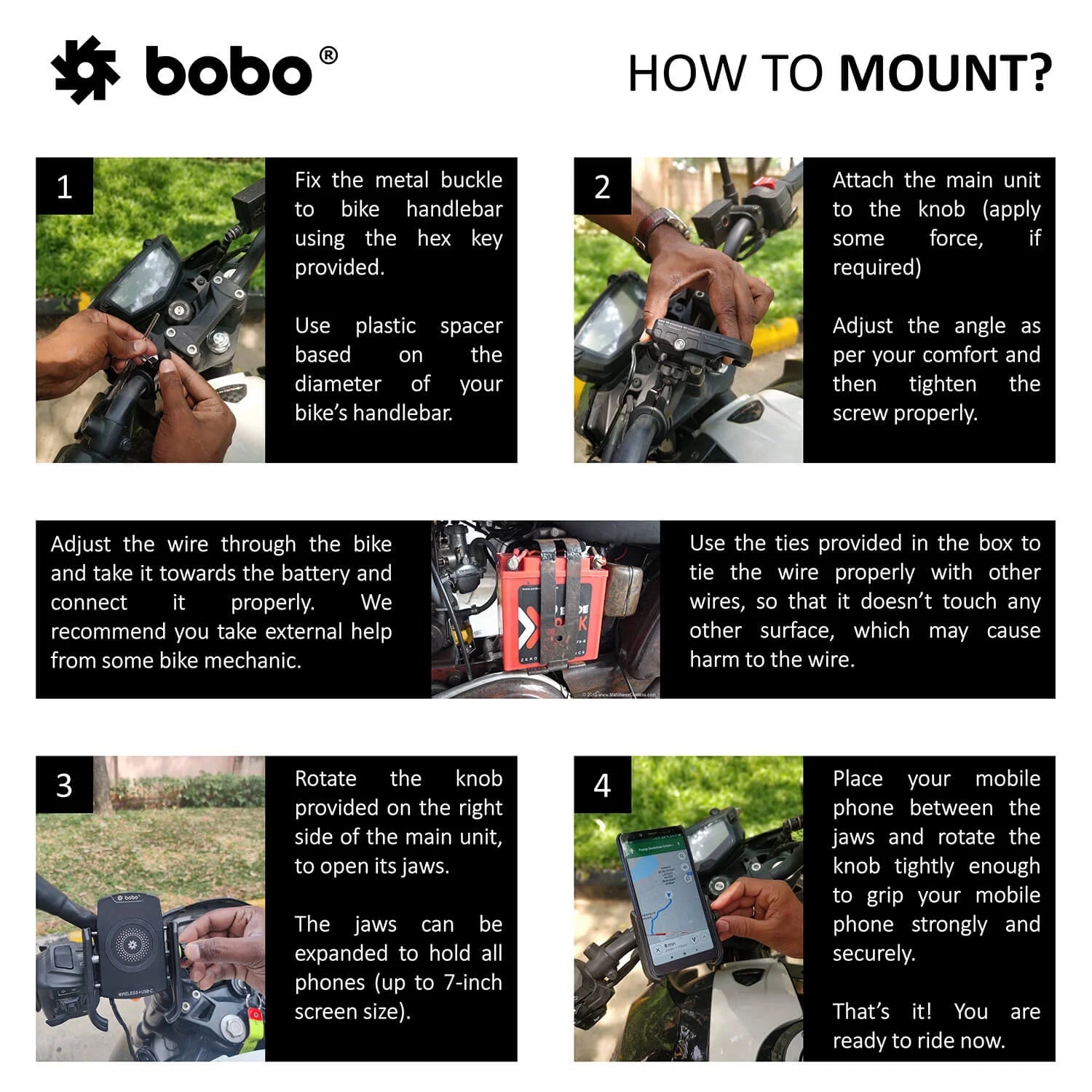 BOBO BM12 Bike Phone Holder with Fast 15W Wireless & USB-C Charger