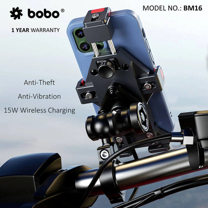 BOBO BM16 Anti-Vibration Metallic Bike Phone Holder with Fast 15W Wireless Charger
