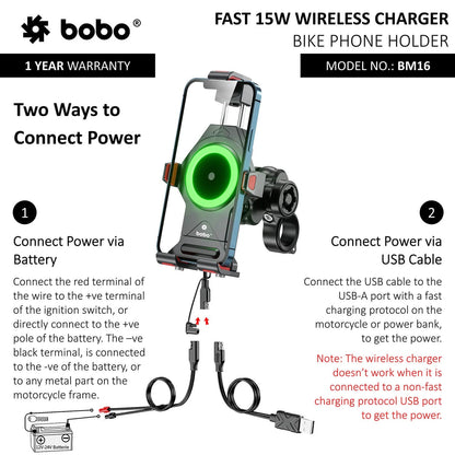 BOBO BM16 Anti-Vibration Metallic Bike Phone Holder with Fast 15W Wireless Charger