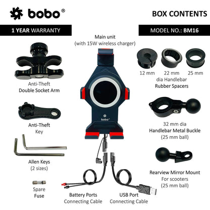 BOBO BM16 Anti-Vibration Metallic Bike Phone Holder with Fast 15W Wireless Charger