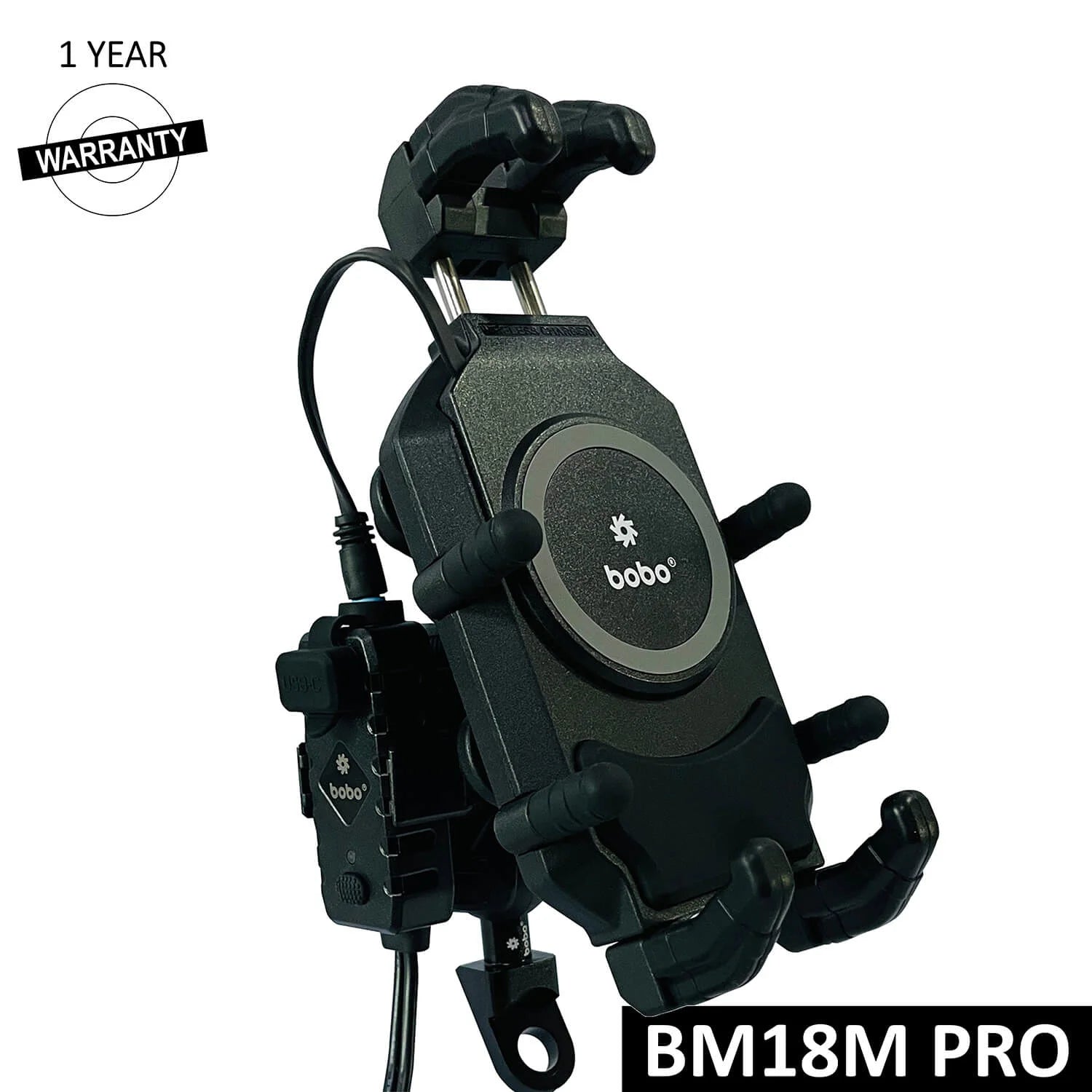 BOBO BM18H/M PRO Anti-Vibration Phone Mount with 15W Wireless Charger & USB-C Charging