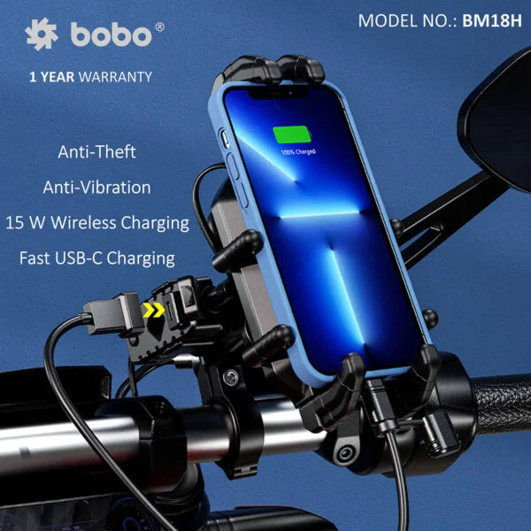BOBO BM18H/M PRO Anti-Vibration Phone Mount with 15W Wireless Charger & USB-C Charging
