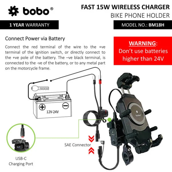 BOBO BM18H/M PRO Anti-Vibration Phone Mount with 15W Wireless Charger & USB-C Charging