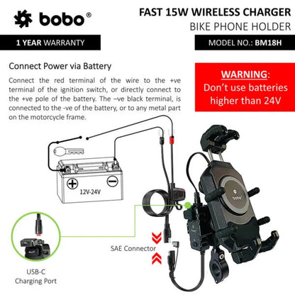 BOBO BM18H/M PRO Anti-Vibration Phone Mount with 15W Wireless Charger & USB-C Charging