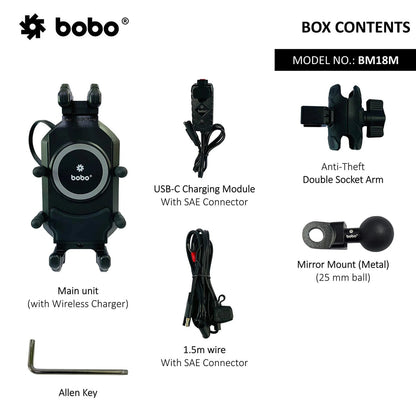 BOBO BM18H/M PRO Anti-Vibration Phone Mount with 15W Wireless Charger & USB-C Charging