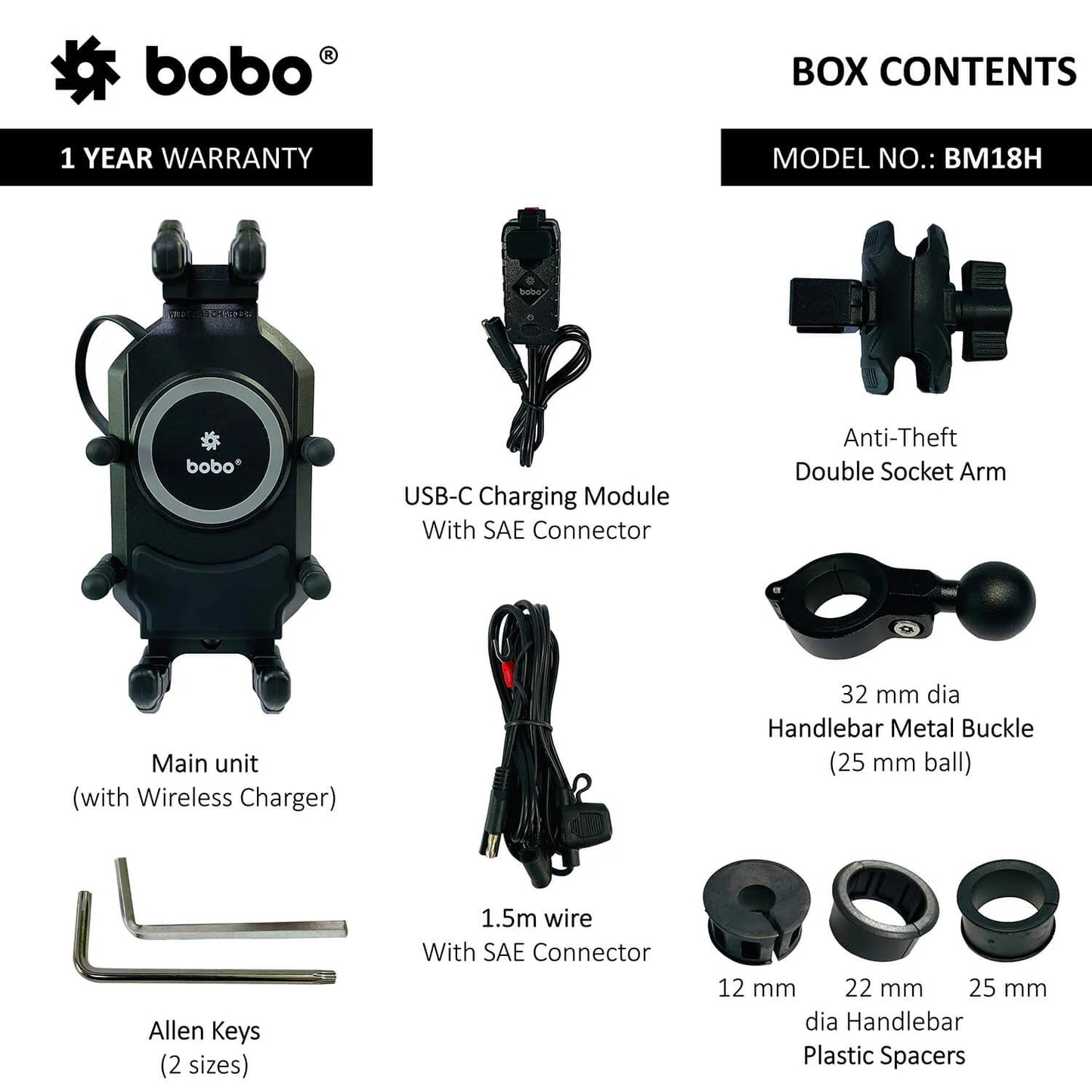 BOBO BM18H/M PRO Anti-Vibration Phone Mount with 15W Wireless Charger & USB-C Charging