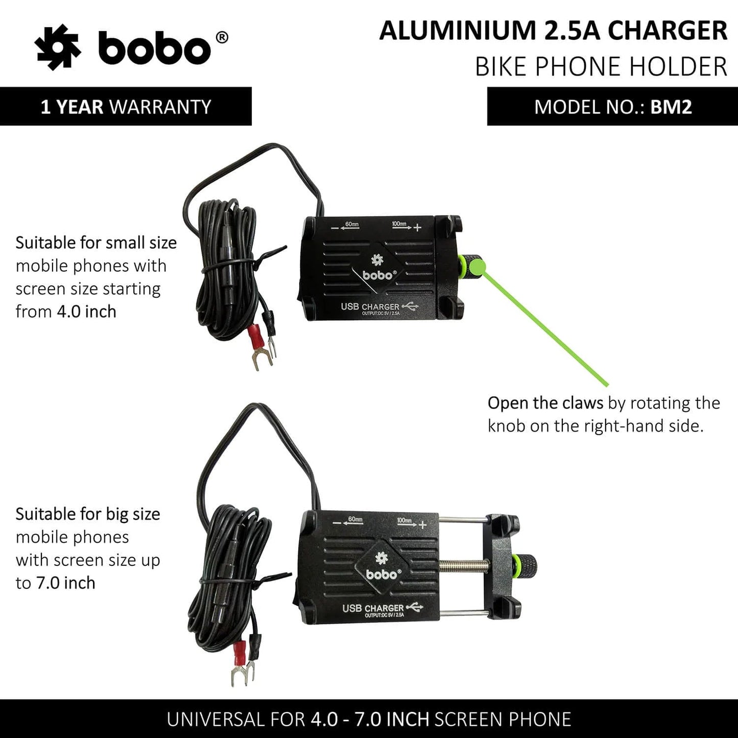 BOBO BM2 Aluminium Bike Phone Holder with 2.5A USB charger