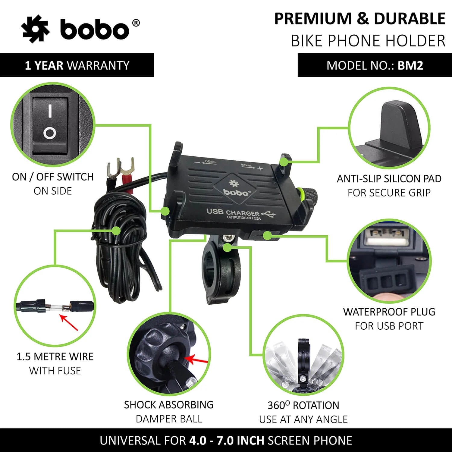BOBO BM2 Aluminium Bike Phone Holder with 2.5A USB charger
