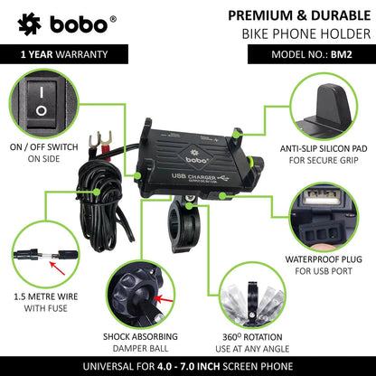 BOBO BM2 Aluminium Bike Phone Holder with 2.5A USB charger
