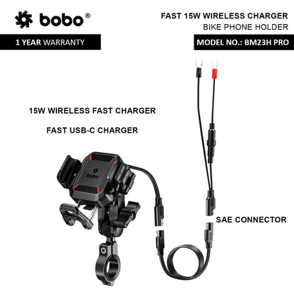 BOBO BM23H/M PRO Bike Phone Holder with Wireless & 36W USB-C Charging and Anti Vibration