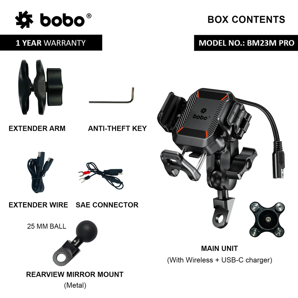 BOBO BM23H/M PRO Bike Phone Holder with Wireless & 36W USB-C Charging and Anti Vibration