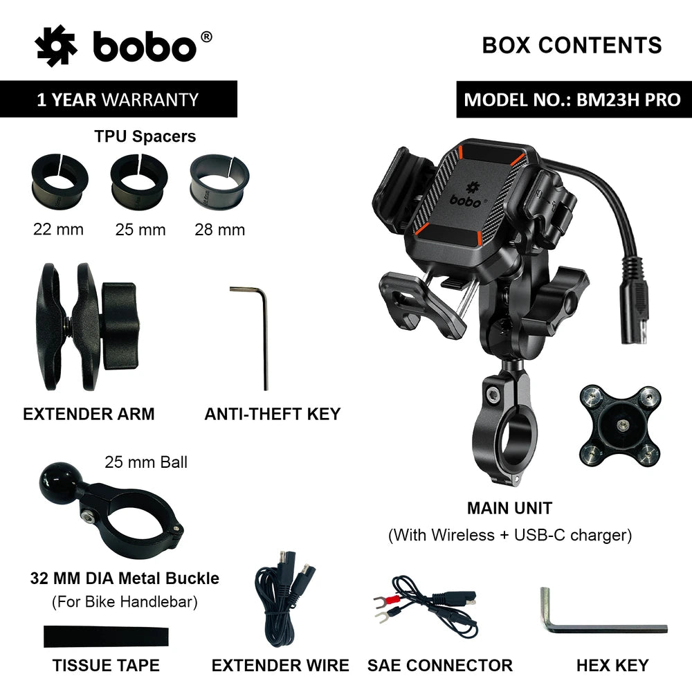BOBO BM23H/M PRO Bike Phone Holder with Wireless & 36W USB-C Charging and Anti Vibration