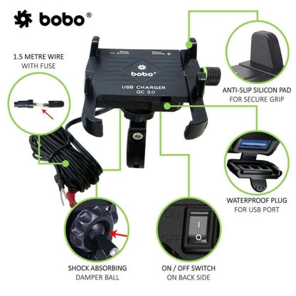 BOBO BM5 Aluminium Bike Phone Holder With Fast USB 3.0 Charger